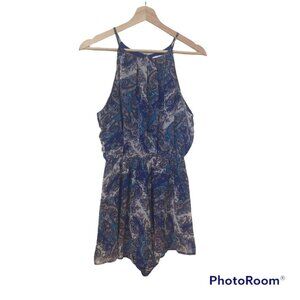 Woman's Nordstrom Lush Blue Paisley High Neck Lined Shorts Romper Size S